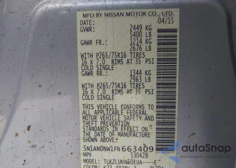 2015 Nissan Xterra Pro-4X z USA, uszkodzony, nr VIN 5N1AN0NW1FN663409